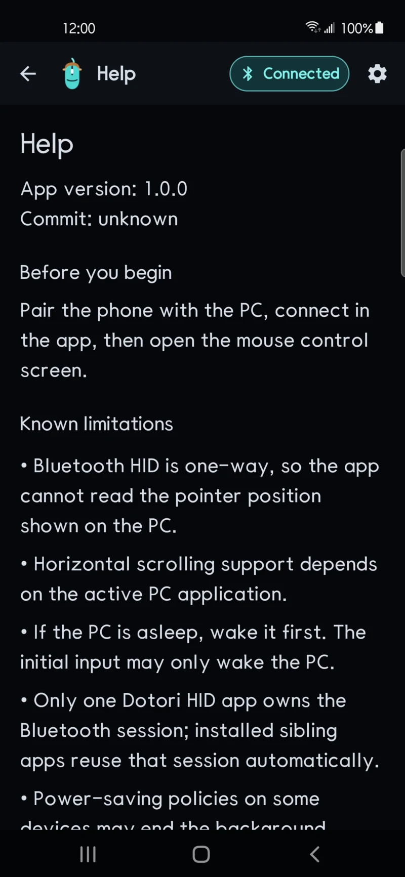 Bluetooth mouse help screen