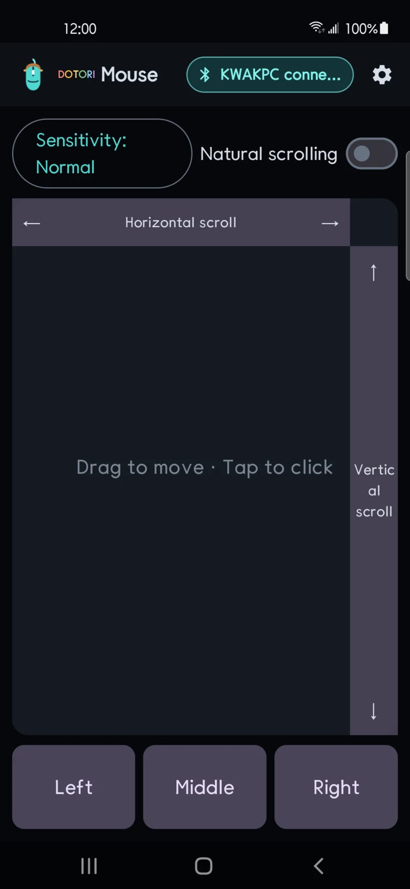 Mouse control screen with trackpad and buttons