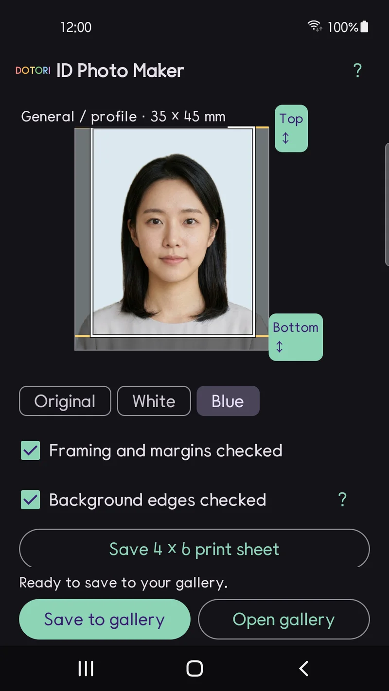 The background choice for a general photo, with original, white and light blue buttons
