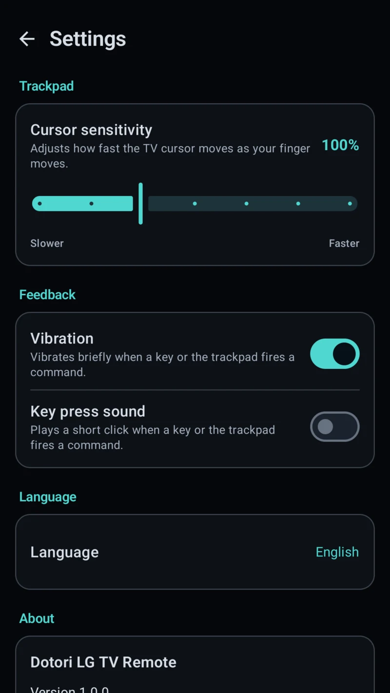 LG TV remote trackpad and feedback settings