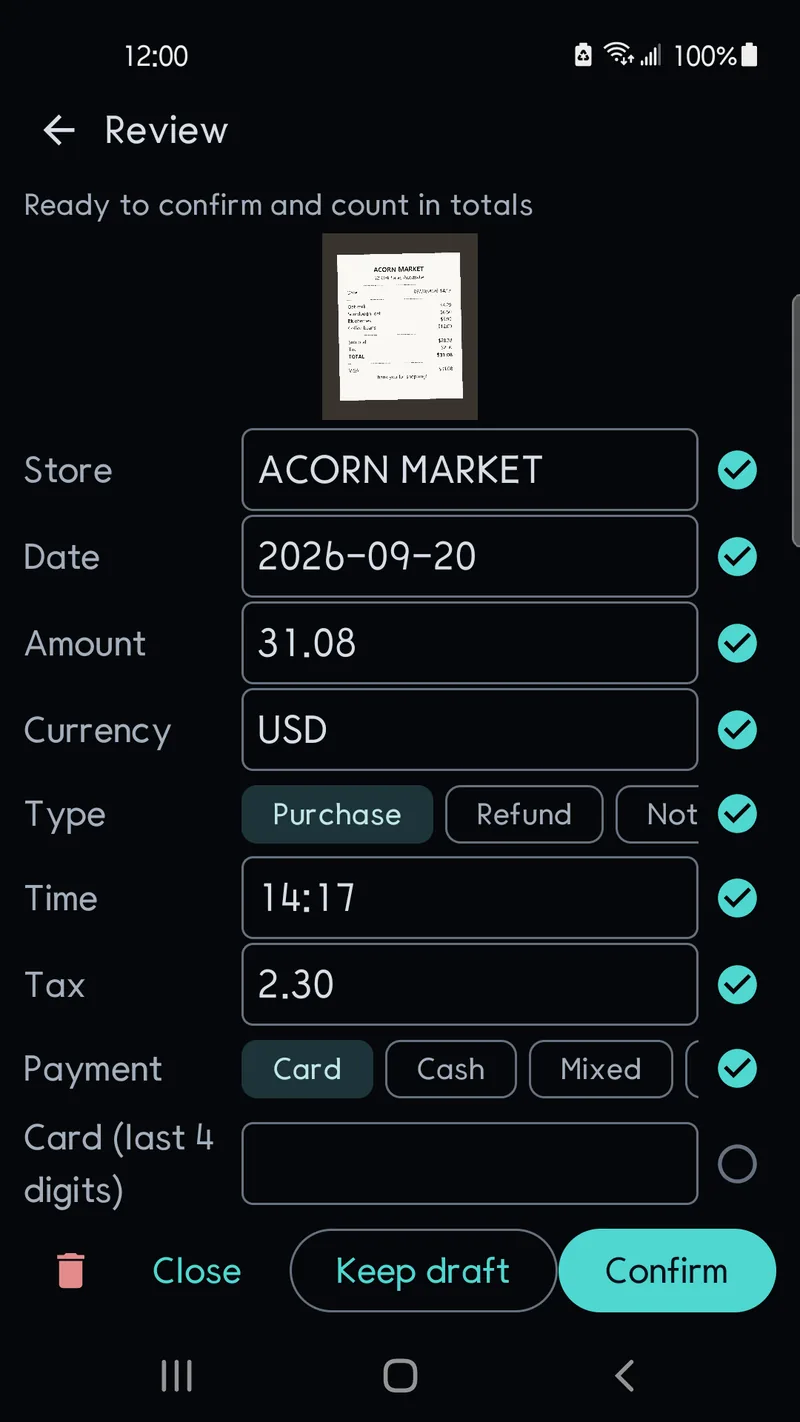 Receipt review screen