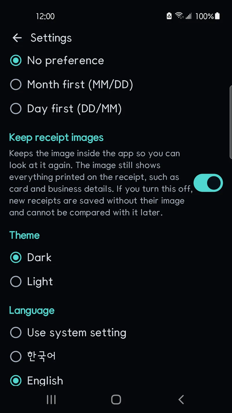 Receipt image retention, theme and language settings