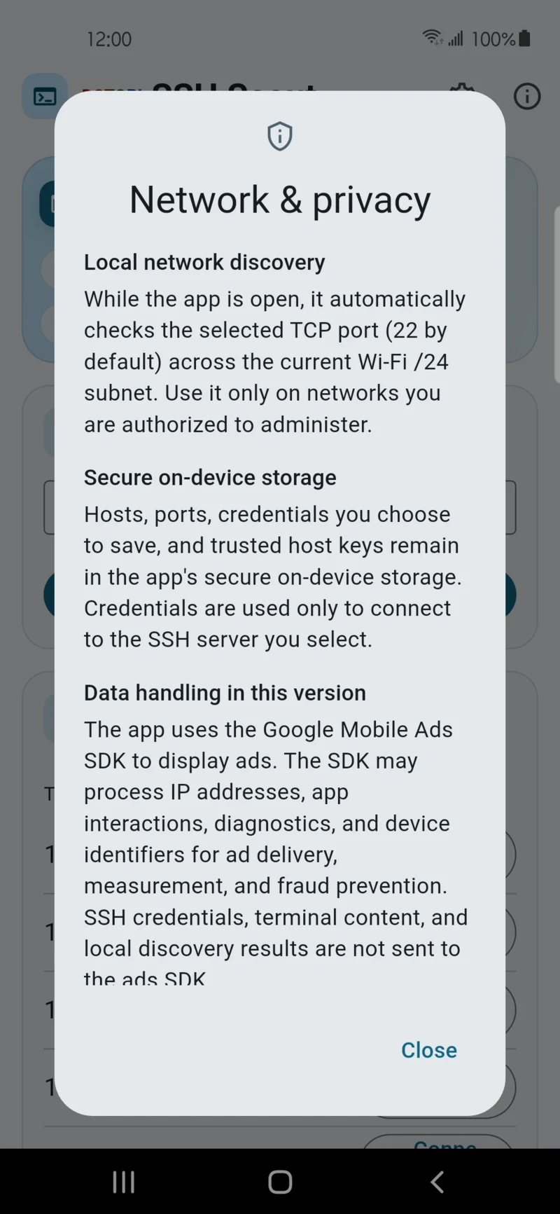 SSH network and privacy information