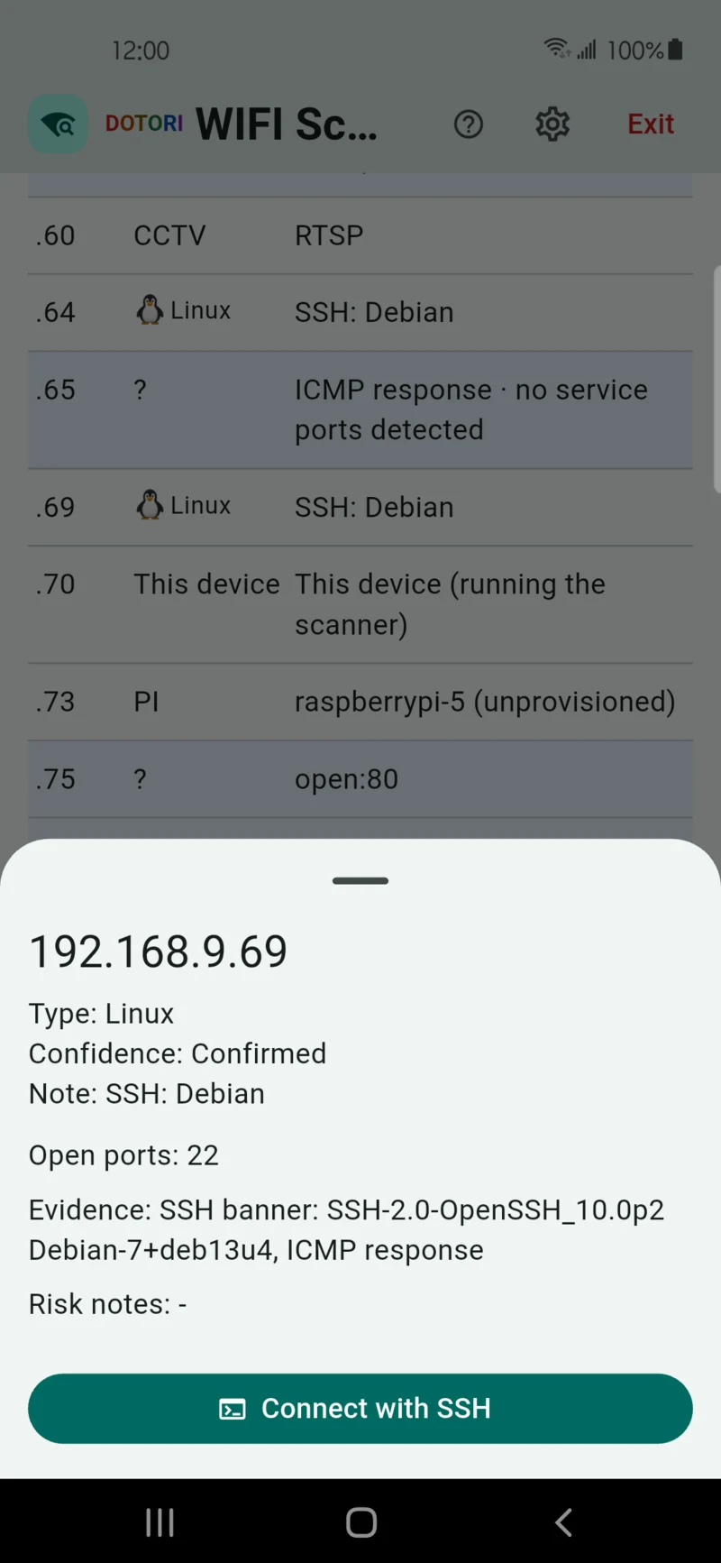 Device detail with open ports and an SSH action