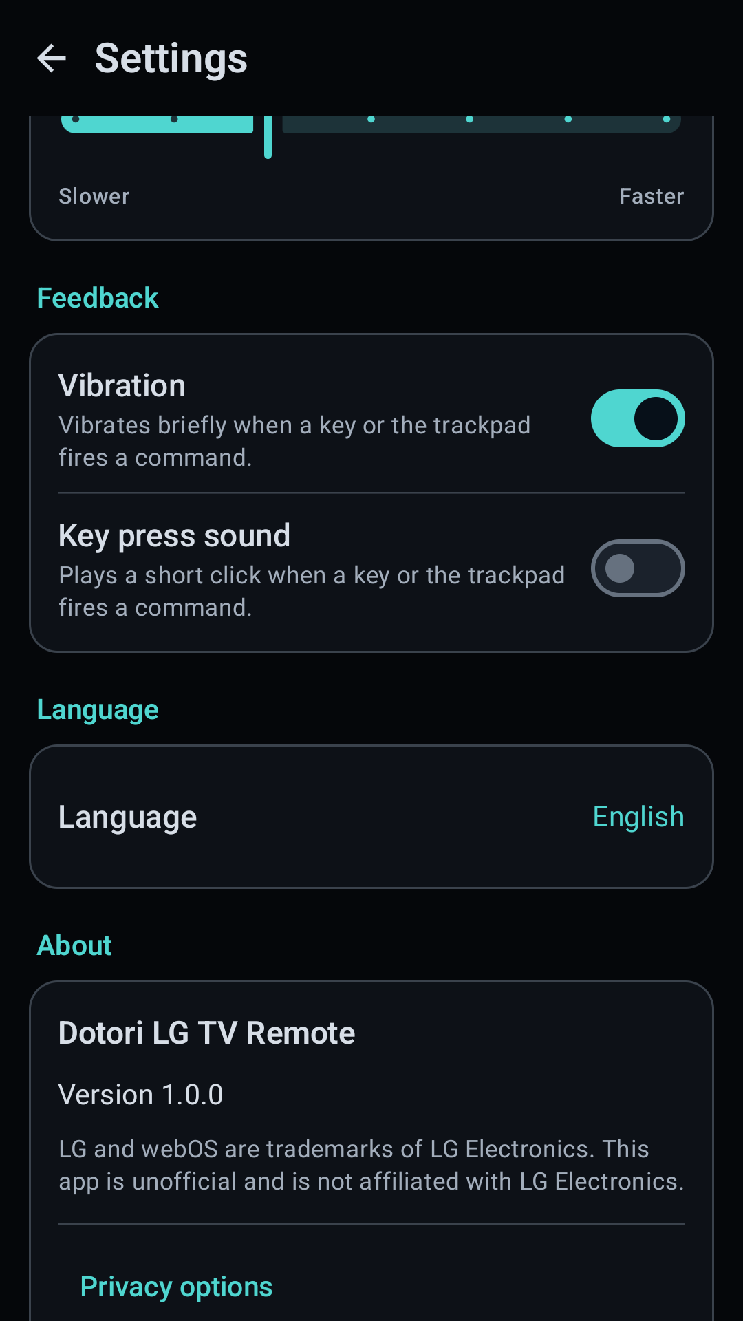 LG TV remote app settings and information