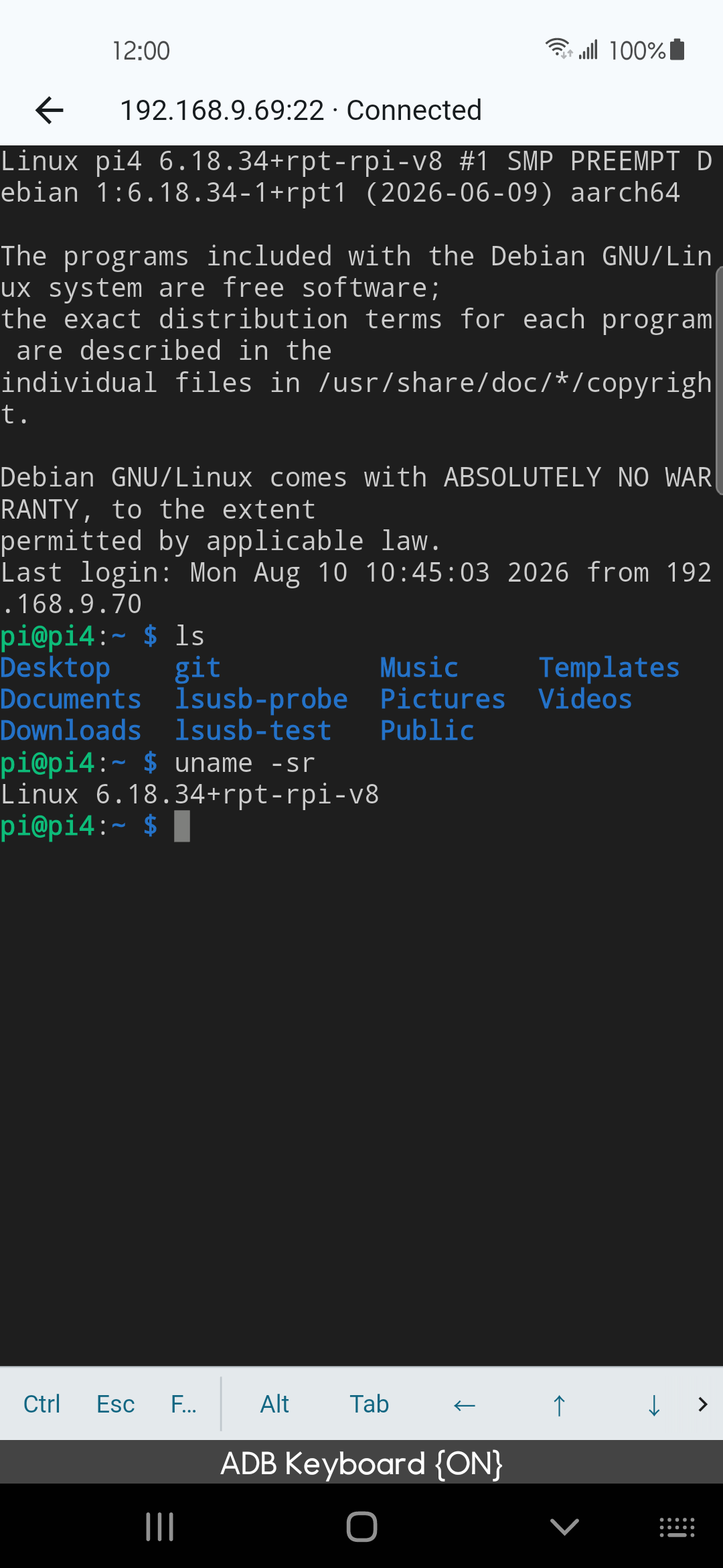 Connected SSH terminal session