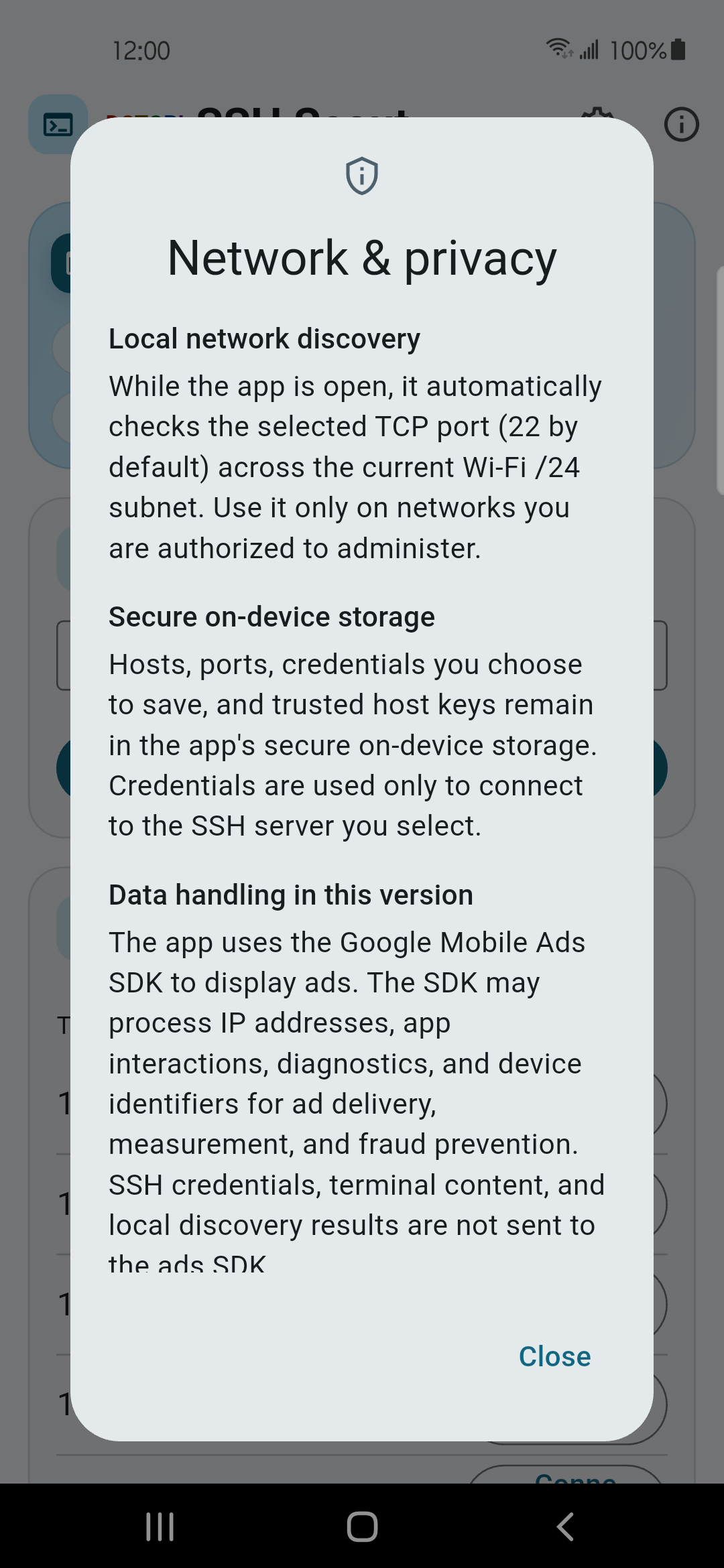 SSH network and privacy information