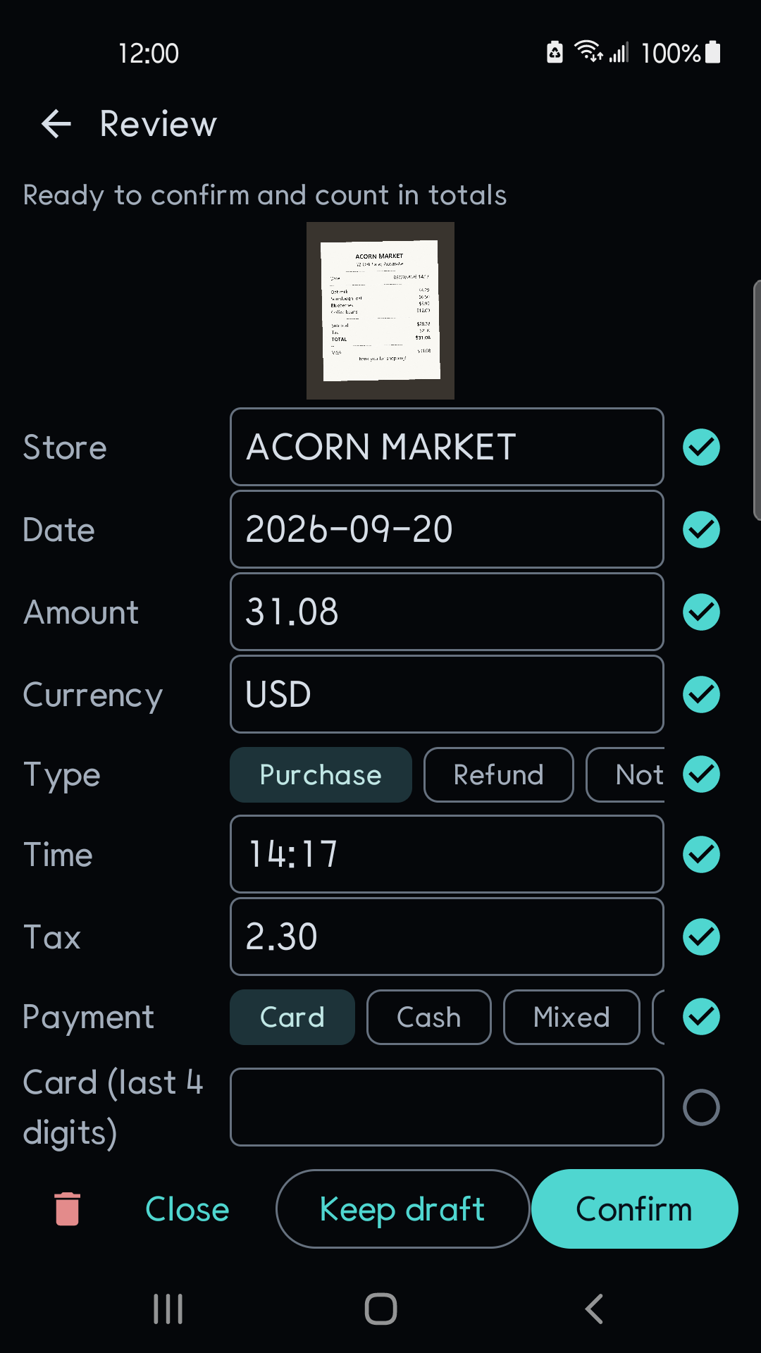 Receipt review screen