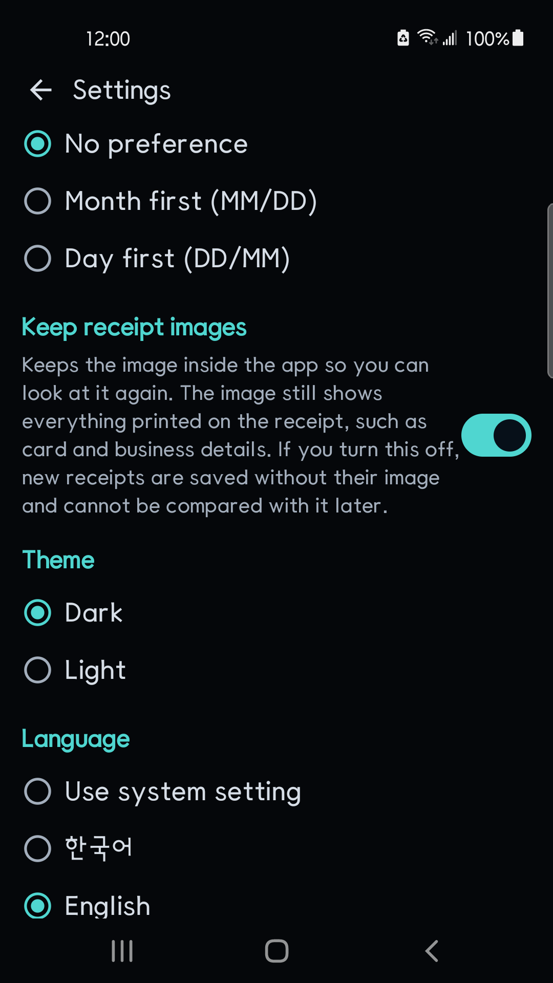 Receipt image retention, theme and language settings